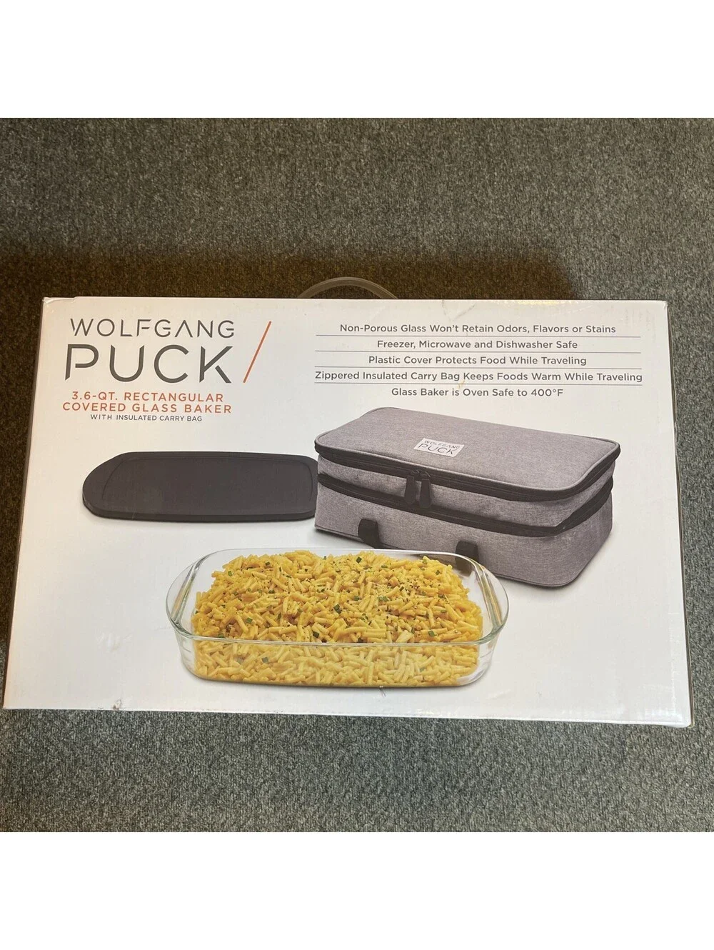 NIB Wolfgang Puck 3.6 Qt. Rectangular GLASS Baking Dish with Insulated Carry Bag